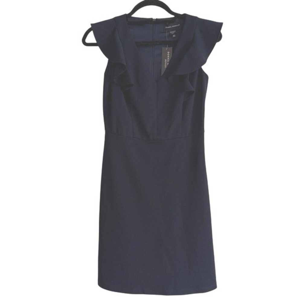 Donna Morgan Navy Ruffle V-Neck Scuba Crepe Cocktail Dress Petite 2 Wedding NWT